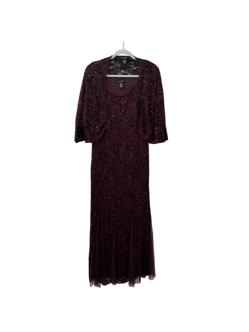 Candalite Burgundy Lace Formal Gown Sequins/ Matching Bolero Jacket Size L Set - Picture 11 of 12